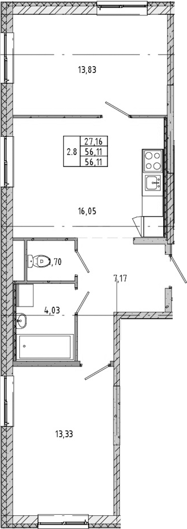 2-комнатная квартира 57.01 м², 3/17 эт., ЖК «Новые горизонты 2»